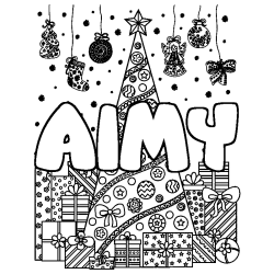Coloriage pr&eacute;nom AIMY - d&eacute;cor Sapin et Cadeaux