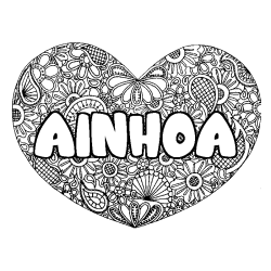 Coloriage pr&eacute;nom AINHOA - d&eacute;cor Mandala coeur