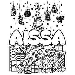 Coloriage prénom AISSA - décor Sapin et Cadeaux