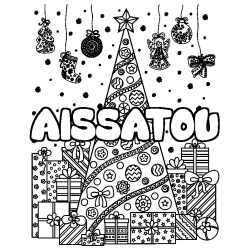Coloriage prénom AISSATOU - décor Sapin et Cadeaux