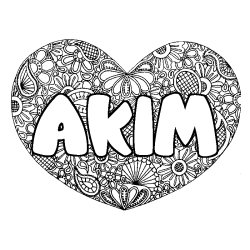 Coloriage pr&eacute;nom AKIM - d&eacute;cor Mandala coeur