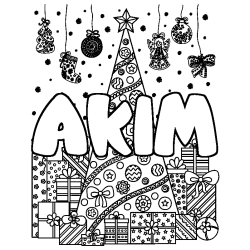 Coloriage pr&eacute;nom AKIM - d&eacute;cor Sapin et Cadeaux