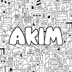 Coloriage pr&eacute;nom AKIM - d&eacute;cor Ville