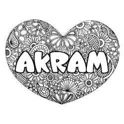 Coloriage pr&eacute;nom AKRAM - d&eacute;cor Mandala coeur