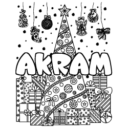 Coloriage prénom AKRAM - décor Sapin et Cadeaux