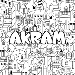 Coloriage pr&eacute;nom AKRAM - d&eacute;cor Ville