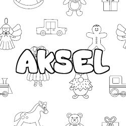 Coloriage prénom AKSEL - décor Jouets