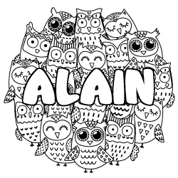 Coloriage prénom ALAIN - décor Chouettes