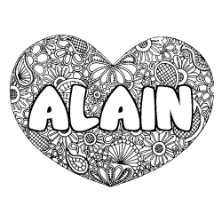 Coloriage prénom ALAIN - décor Mandala coeur