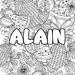 Coloriage prénom ALAIN - décor Mandala fruits