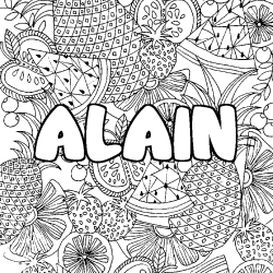 Coloriage pr&eacute;nom ALAIN - d&eacute;cor Mandala fruits