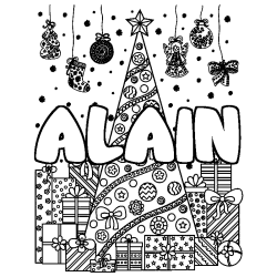 Coloriage pr&eacute;nom ALAIN - d&eacute;cor Sapin et Cadeaux