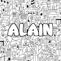 Coloriage prénom ALAIN - décor Ville