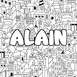 Coloriage pr&eacute;nom ALAIN - d&eacute;cor Ville