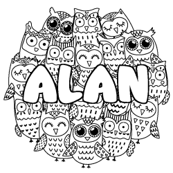 Coloriage pr&eacute;nom ALAN - d&eacute;cor Chouettes