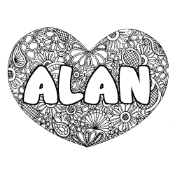 Coloriage pr&eacute;nom ALAN - d&eacute;cor Mandala coeur
