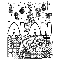 Coloriage pr&eacute;nom ALAN - d&eacute;cor Sapin et Cadeaux