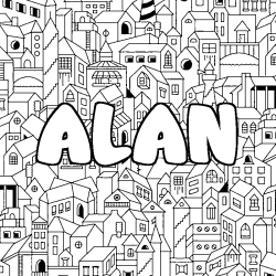Coloriage prénom ALAN - décor Ville