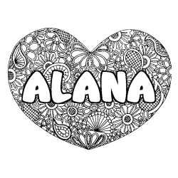 Coloriage prénom ALANA - décor Mandala coeur