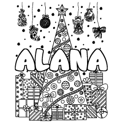 Coloriage prénom ALANA - décor Sapin et Cadeaux