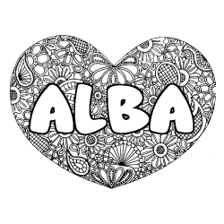Coloriage pr&eacute;nom ALBA - d&eacute;cor Mandala coeur