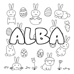 Coloriage prénom ALBA - décor Paques