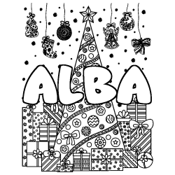 Coloriage prénom ALBA - décor Sapin et Cadeaux