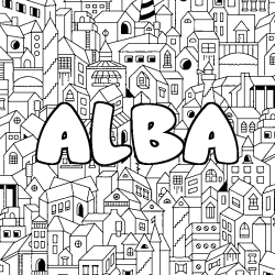 Coloriage prénom ALBA - décor Ville