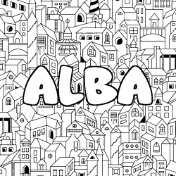Coloriage pr&eacute;nom ALBA - d&eacute;cor Ville