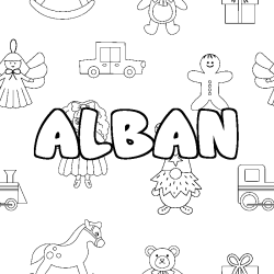 Coloriage prénom ALBAN - décor Jouets
