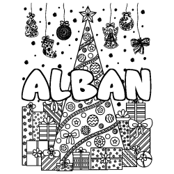Coloriage prénom ALBAN - décor Sapin et Cadeaux