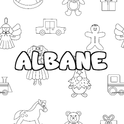Coloriage pr&eacute;nom ALBANE - d&eacute;cor Jouets