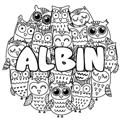 Coloriage pr&eacute;nom ALBIN - d&eacute;cor Chouettes
