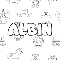 Coloriage prénom ALBIN - décor Jouets