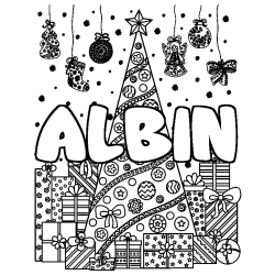 Coloriage pr&eacute;nom ALBIN - d&eacute;cor Sapin et Cadeaux