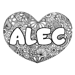 Coloriage pr&eacute;nom ALEC - d&eacute;cor Mandala coeur