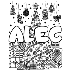 Coloriage prénom ALEC - décor Sapin et Cadeaux