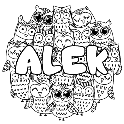 Coloriage pr&eacute;nom ALEK - d&eacute;cor Chouettes