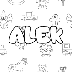 Coloriage pr&eacute;nom ALEK - d&eacute;cor Jouets