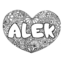 Coloriage pr&eacute;nom ALEK - d&eacute;cor Mandala coeur