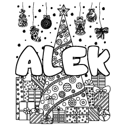 Coloriage pr&eacute;nom ALEK - d&eacute;cor Sapin et Cadeaux