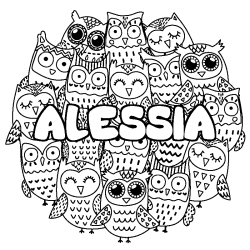 Coloriage prénom ALESSIA - décor Chouettes