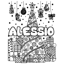 Coloriage prénom ALESSIO - décor Sapin et Cadeaux
