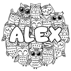 Coloriage pr&eacute;nom ALEX - d&eacute;cor Chouettes