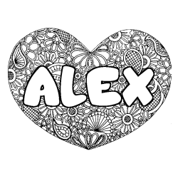 Coloriage prénom ALEX - décor Mandala coeur