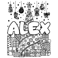 Coloriage pr&eacute;nom ALEX - d&eacute;cor Sapin et Cadeaux
