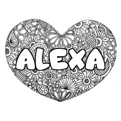 Coloriage prénom ALEXA - décor Mandala coeur