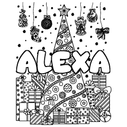 Coloriage prénom ALEXA - décor Sapin et Cadeaux