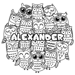 Coloriage prénom ALEXANDER - décor Chouettes