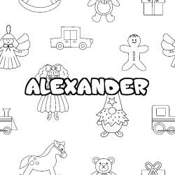 Coloriage prénom ALEXANDER - décor Jouets